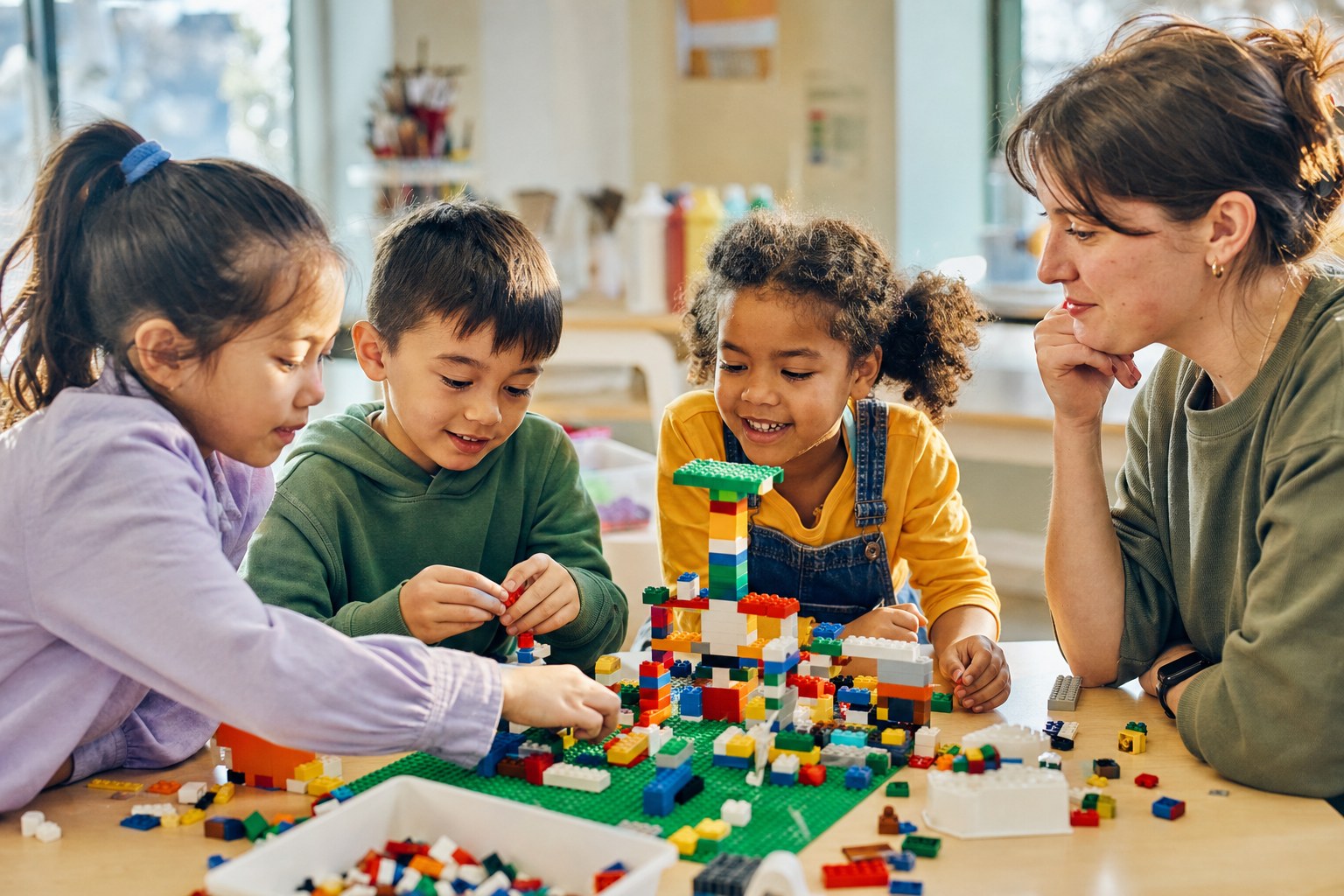Children building together at an after-school choice table