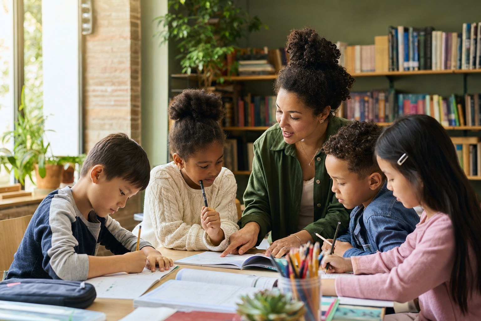 Staff member helping elementary students with homework at an after-school table