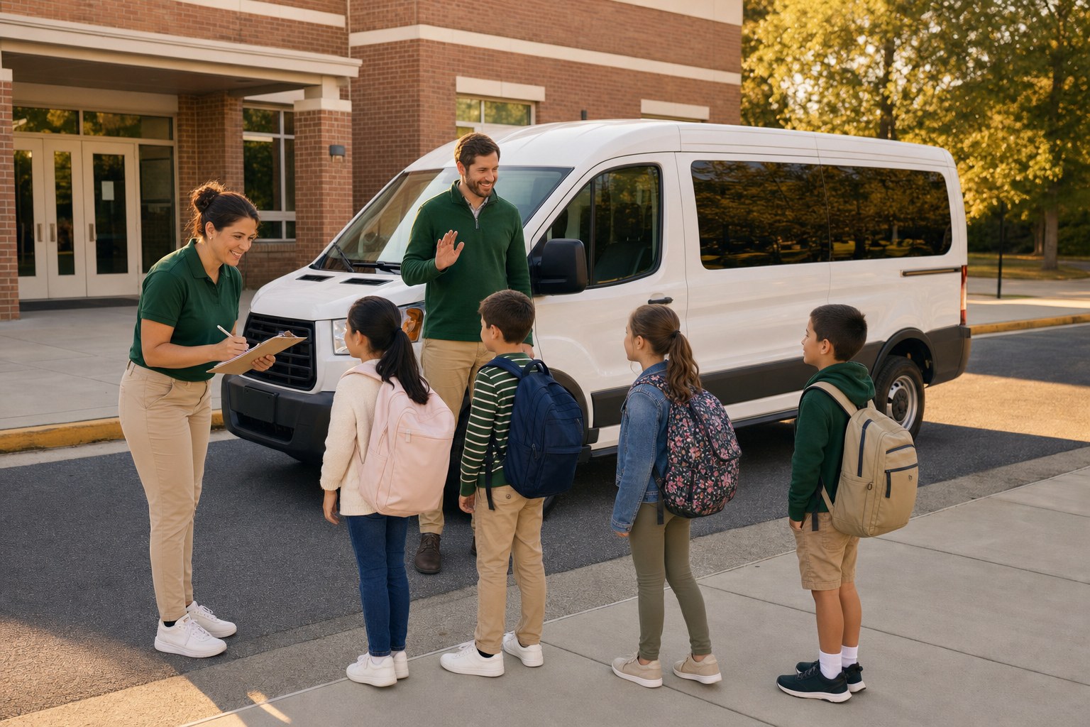 Two staff members greeting children at school pickup beside a van