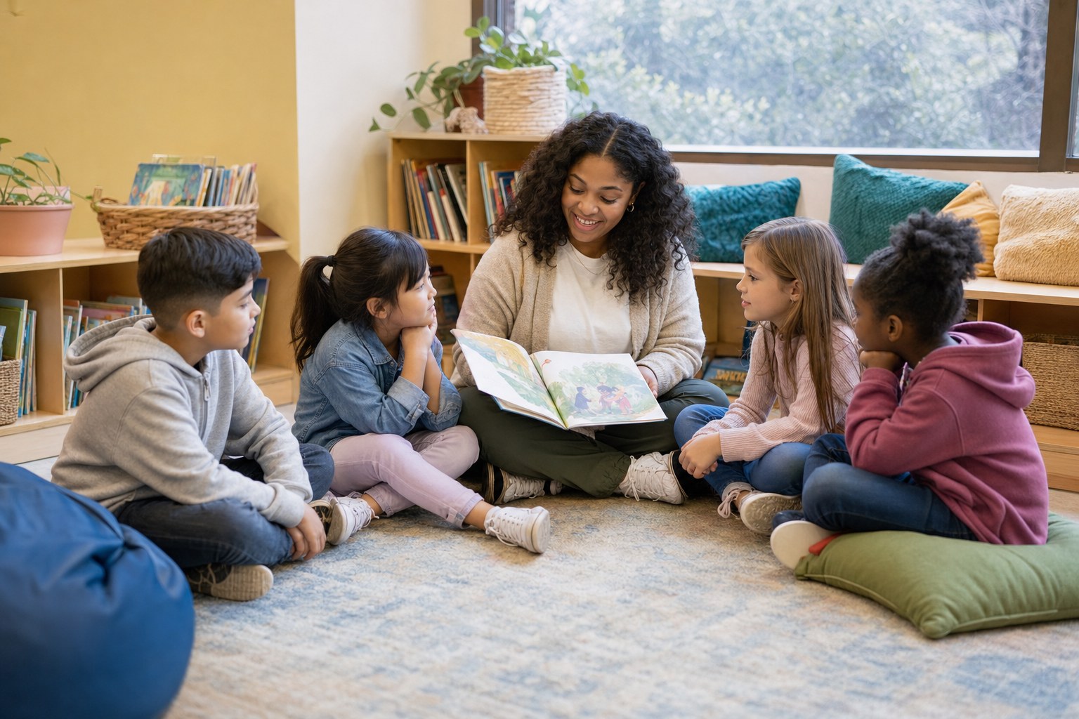 Staff member reading a picture book with elementary children in a cozy reading corner