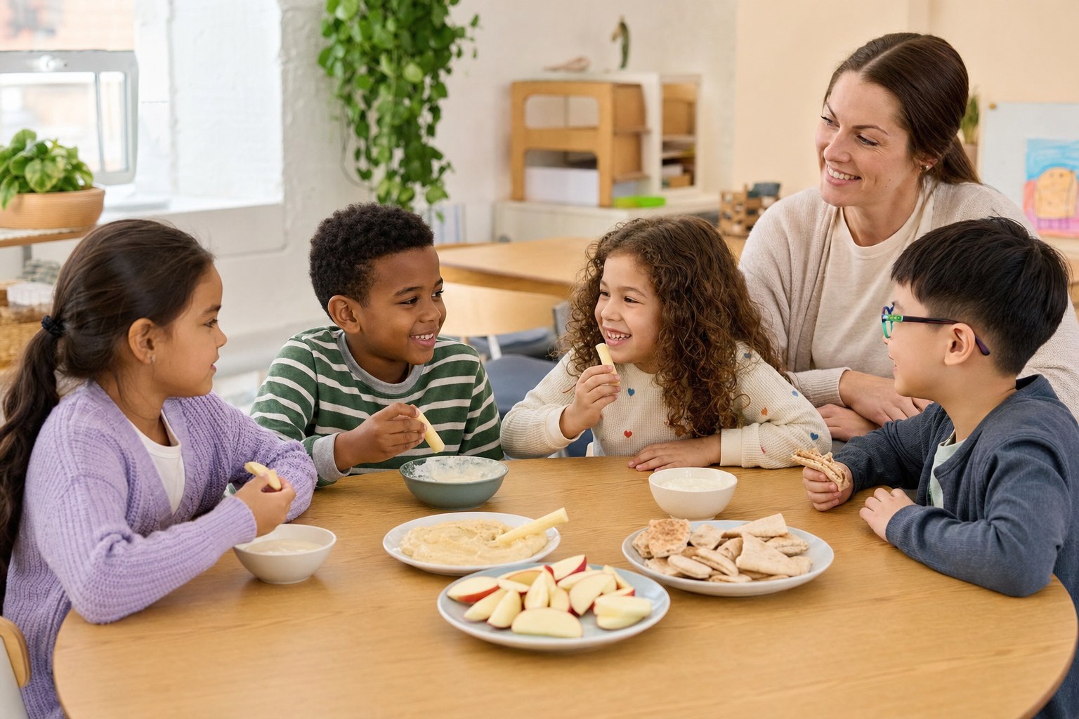 Children sharing a wholesome after-school snack at a table