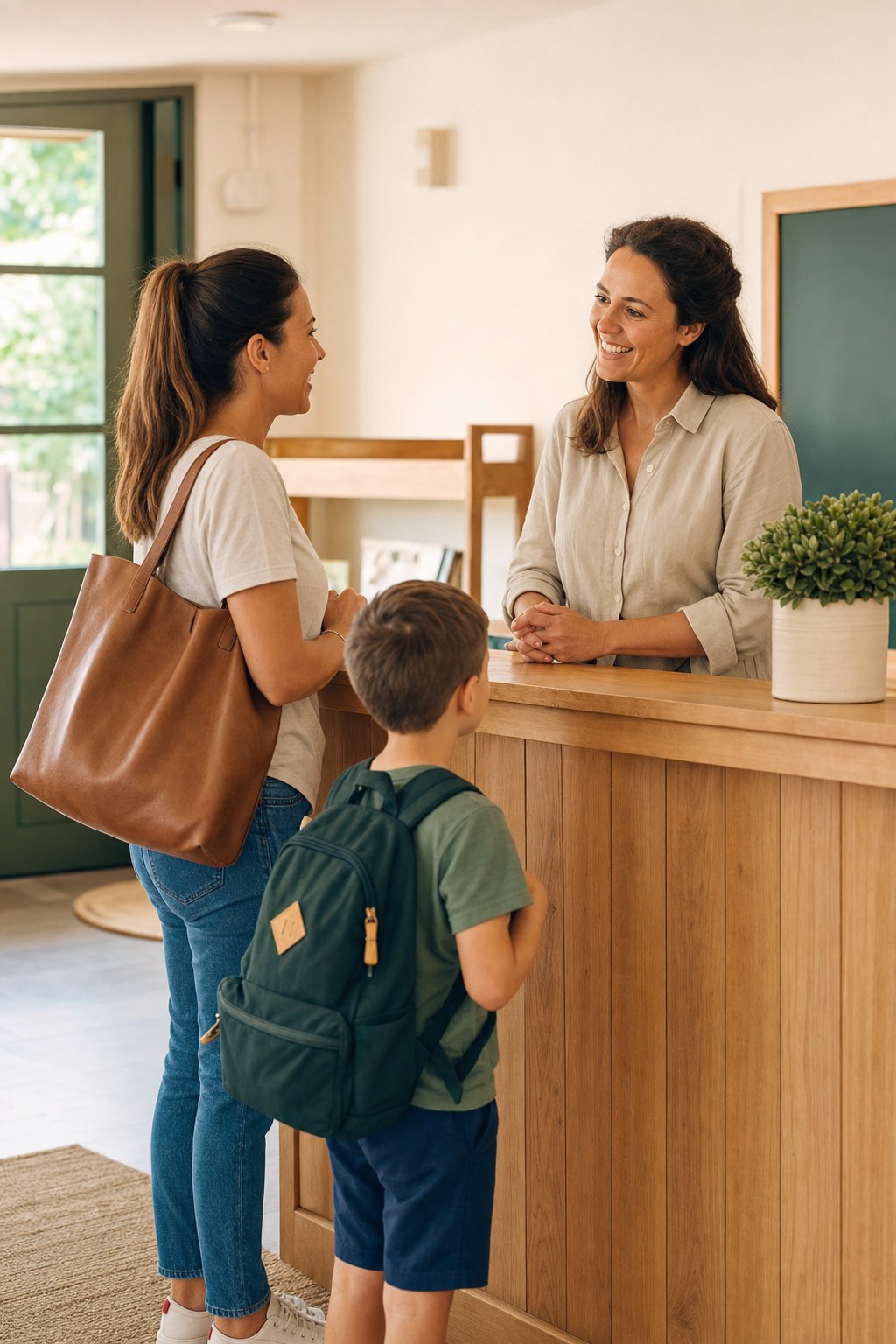 After-school staff member welcoming a parent at the front desk